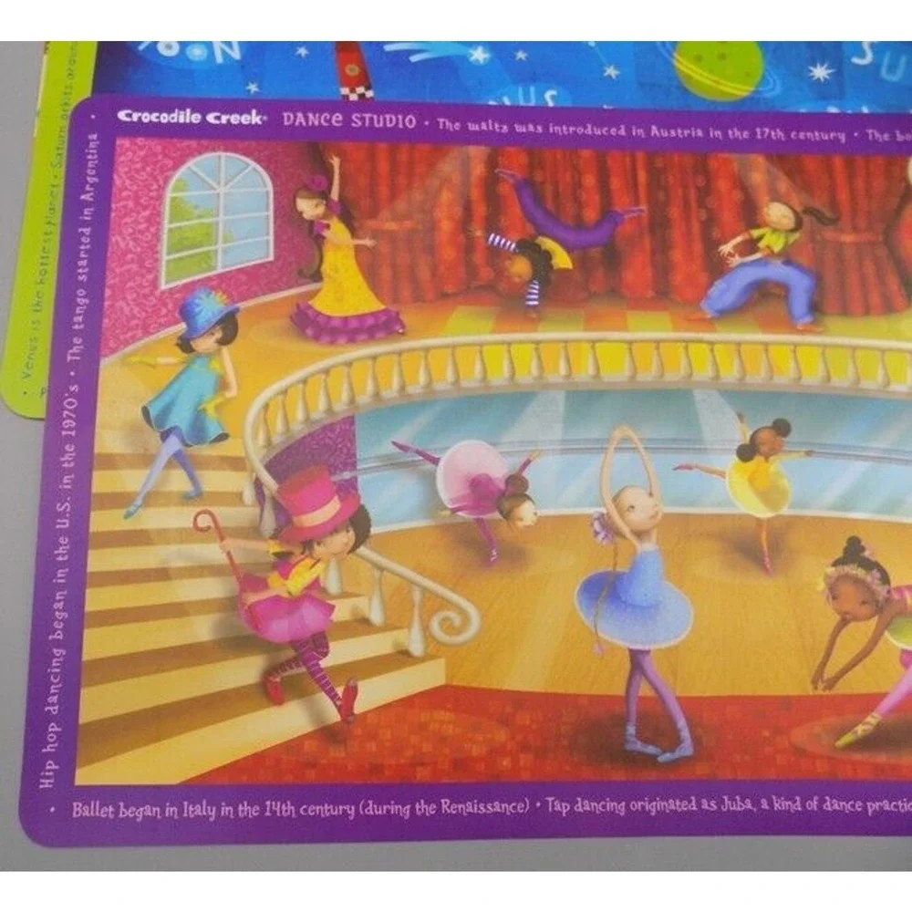 4 Crocodile Creek Homeschool Placemats 17x11 Education Dance Planets Basketball